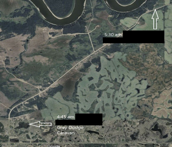 Map of James Smith Cree Nation depicting the locations of two residences the suspect attended between 4:45 am and 5:30 am on September 4.