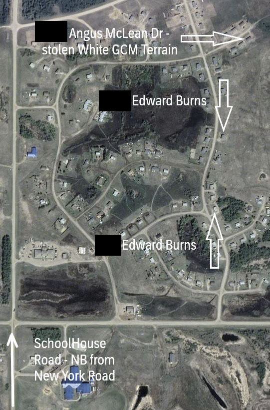 Map of James Smith Cree Nation, depicting residences attended by the suspect, where he continued to stab other victims, left the White Ford F350 and stole a White GMC Terrain.