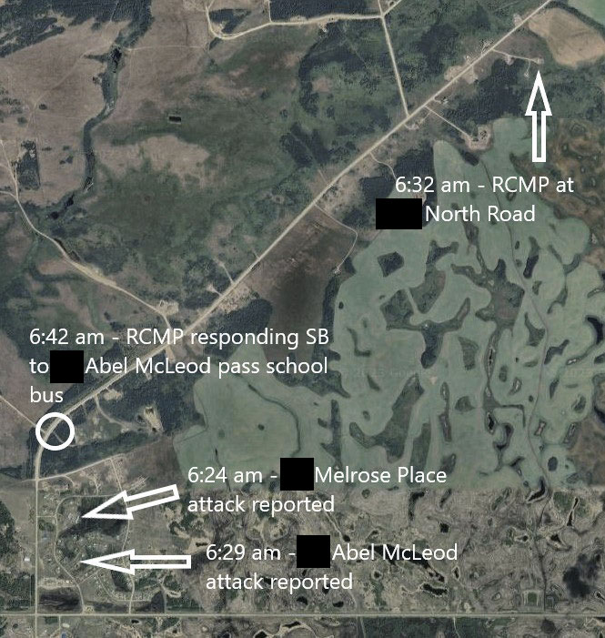 Map of James Smith Cree Nation depicting the locations where attacks were reported and the location of RCMP between 6:24 am and 6:42 am