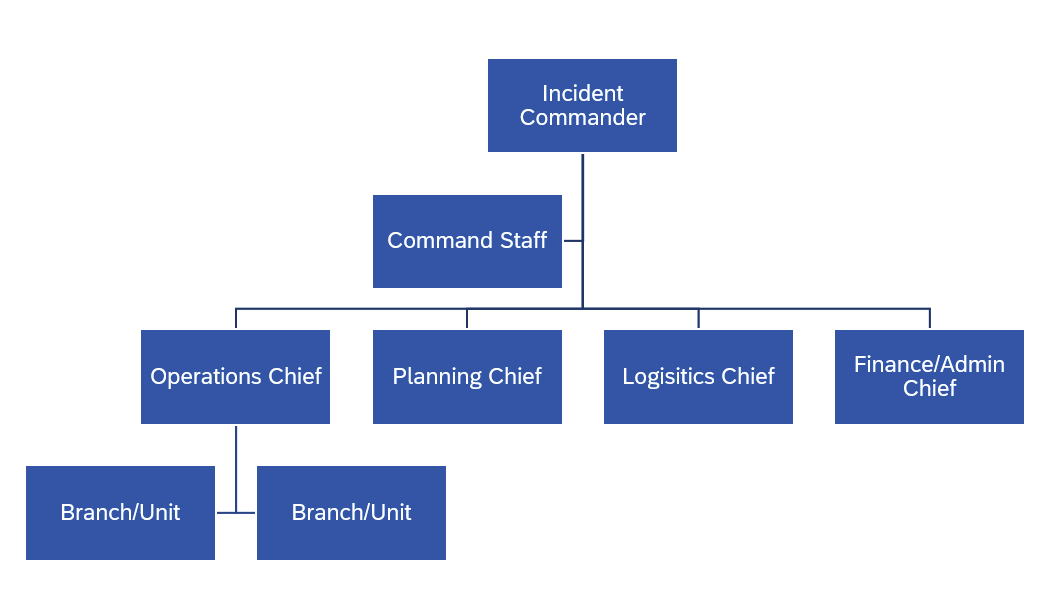 An Incident Command System organizational chart depicting the command structure from the Incident Commander to the Branch/Unit.