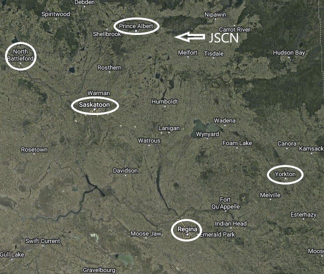Map depicting the locations of the five Forensic Identification Section unit in Saskatchewan and the location of James Smith Cree Nation.