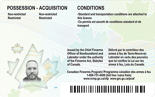 Sample of the back of the new Possession and Acquisition Licence card which includes the holder's photo, conditions, bar code and a maple leaf graphic.