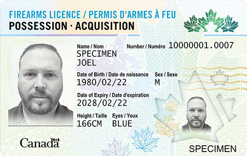 Sample of the front of the new Possession and Acquisition Licence card which includes the holder's information and photo and maple leaf graphics.