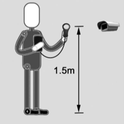 Une personne debout verticalement prenant une mesure de luminescence avec un photomètre à une hauteur de 1,5 m