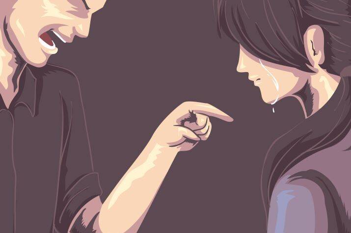 Computer-generated image of a man yelling angrily at a crying women with her head down.