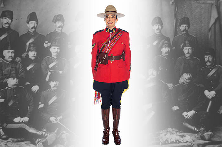 A black-and-white indoor image of a group of male North West Mounted Police officers, posing in rows, wearing their dress uniform. An inset of a Mountie in Red Serge appears in the top right corner.
