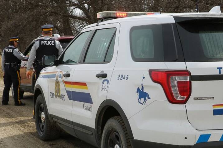 Male and female police officer stand on road beside car