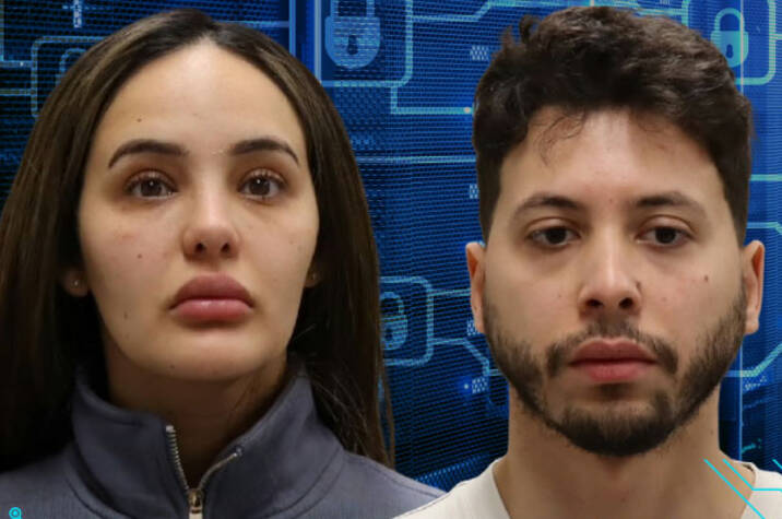A picture of two mugshots, one of a woman and one of a man, both facing the camera in front of a blue background showing electronic circuits.