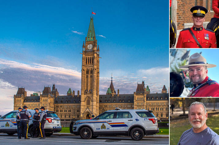 Composite image of parliament building, with two RCMP cruisers outside. An inset of three men’s faces are in the top right corner.