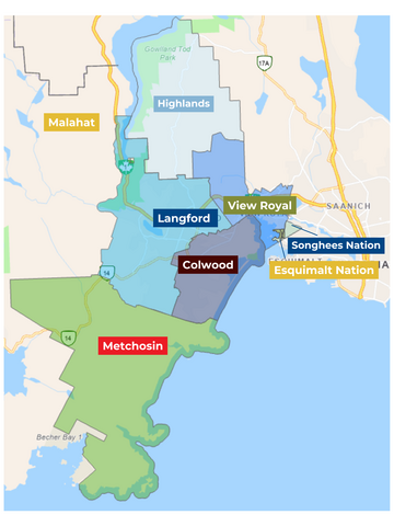 Map of West Shore RCMP communities: Malahat, Highlands, Langford, View Royal, Colwood, Songhees First Nation, Esquimalt First Nation, and Metchosin.