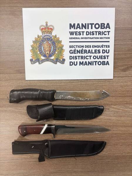 The RCMP West District GIS arrested a male wanted for breaching court-ordered conditions on Oct. 17, then found two large knives on him during the arrest.